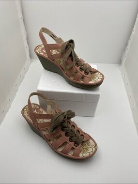 Fly London Pink Lace-Up Wedge Sandals